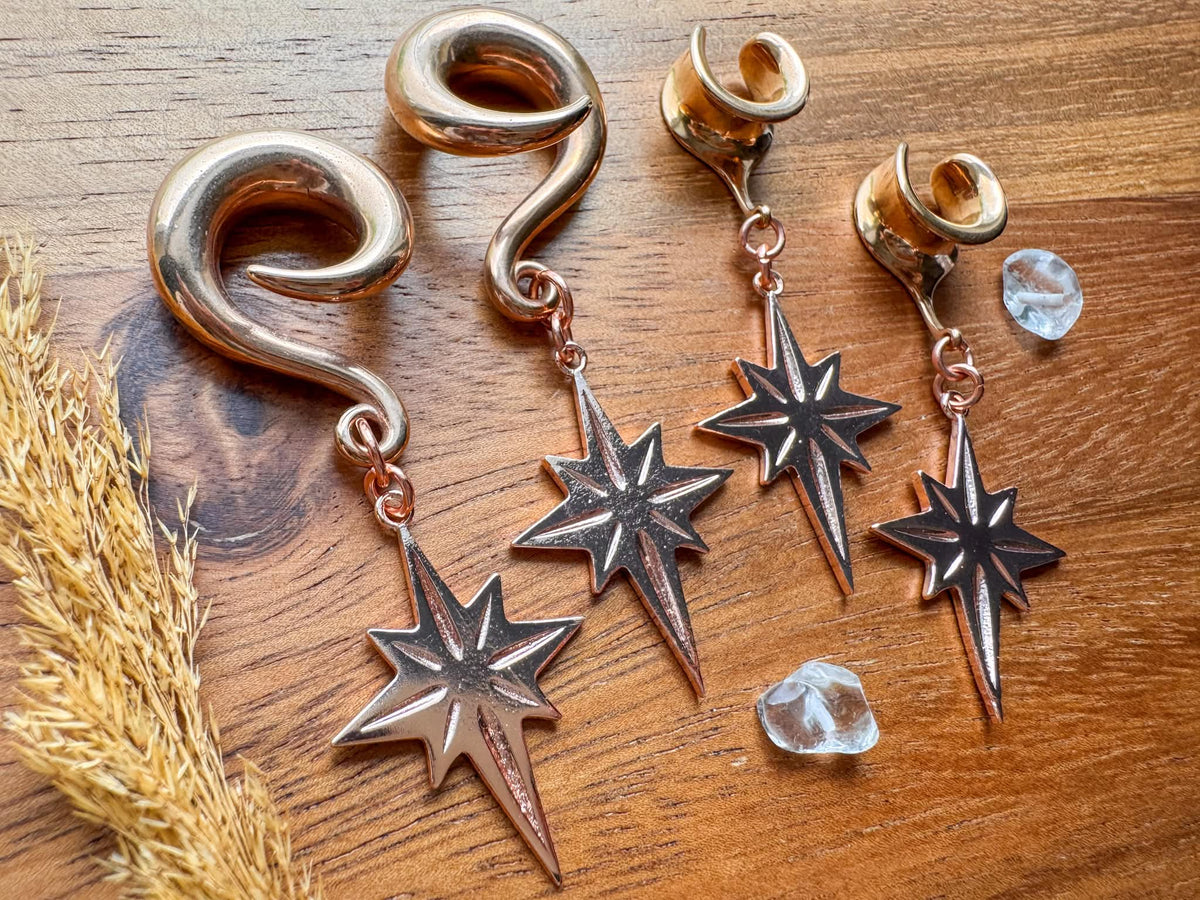 Rose Gold Written in the Stars dangling plug earrings featuring celestial-inspired details and warm rose gold tones for stretched ears.
