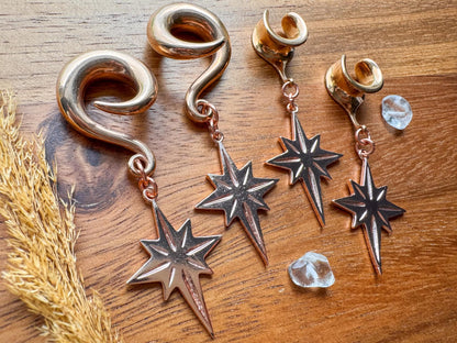 Rose Gold Written in the Stars dangling plug earrings featuring celestial-inspired details and warm rose gold tones for stretched ears.