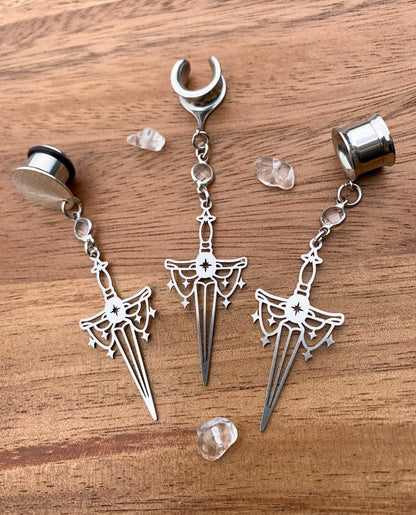 Silver Fantasy Swords Plug Earrings