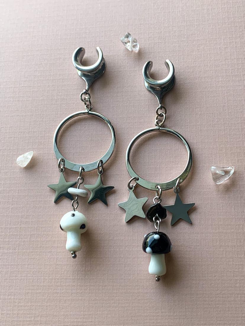 Silver Hoops With Mushroom and Star Pendants