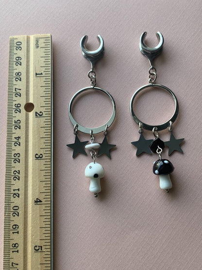 Silver Hoops With Mushroom and Star Pendants
