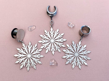 Silver Steel Snowflakes Plug Earrings