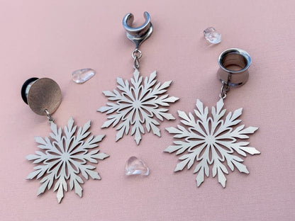 Silver Steel Snowflakes Plug Earrings