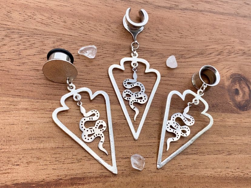 Silver Triangle w/ Steel Snake Plug Earrings