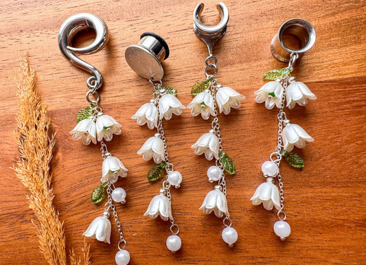 Silver Bellflower Daydream dangling plug earrings featuring delicate bellflower-inspired floral details and silver-tone accents for stretched ears.