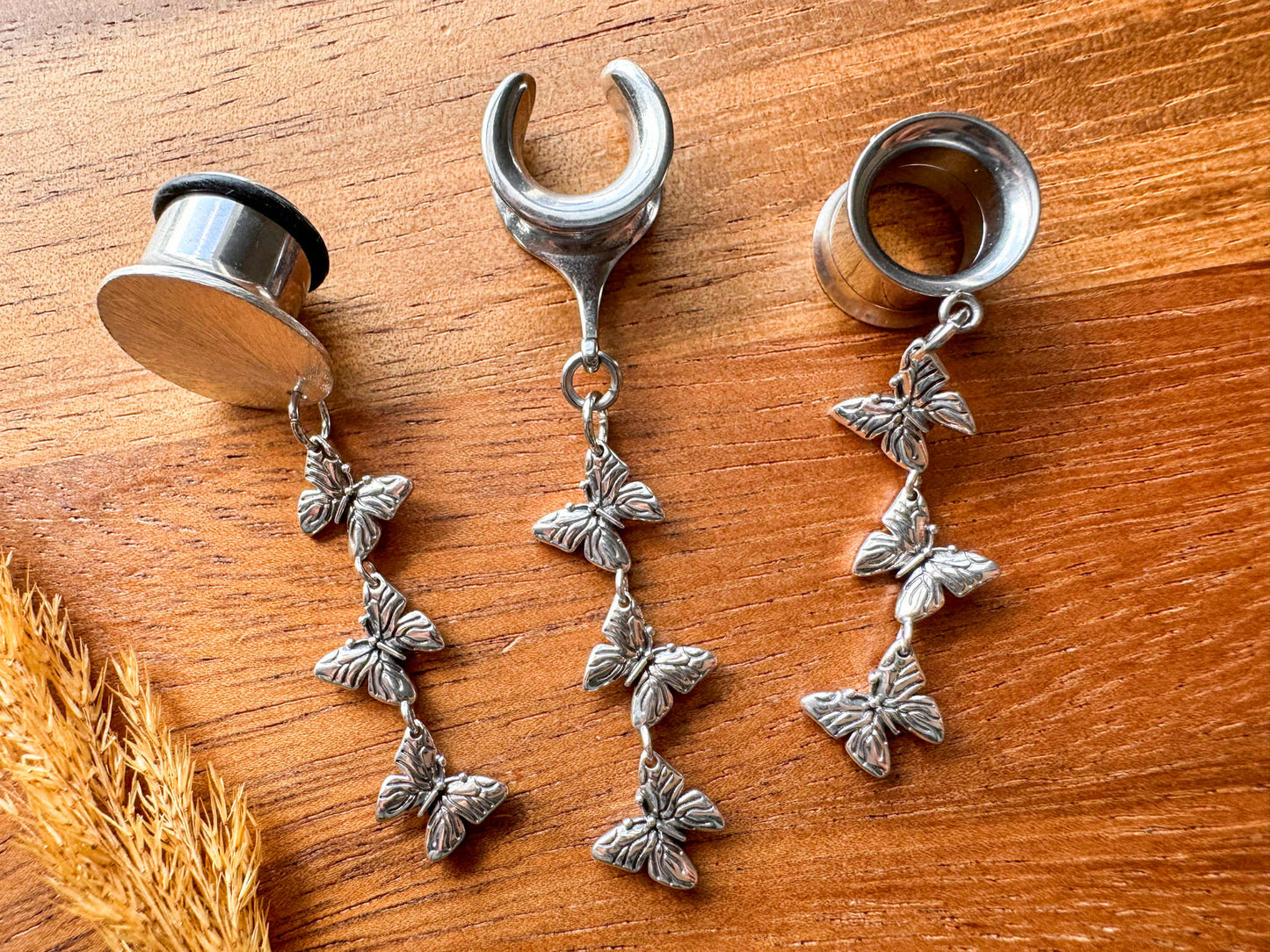 Silver Butterfly Strands Plug Earrings
