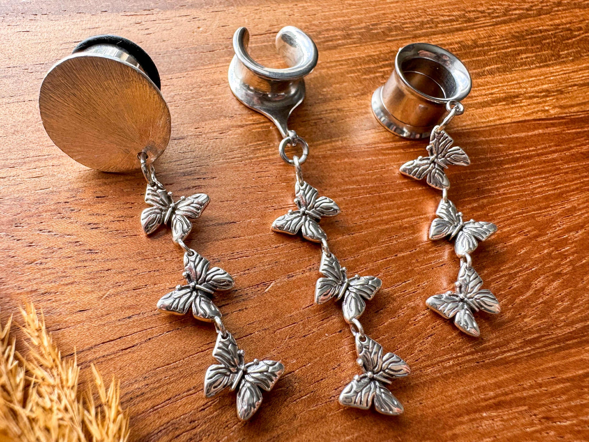 Silver Butterfly Strands Plug Earrings