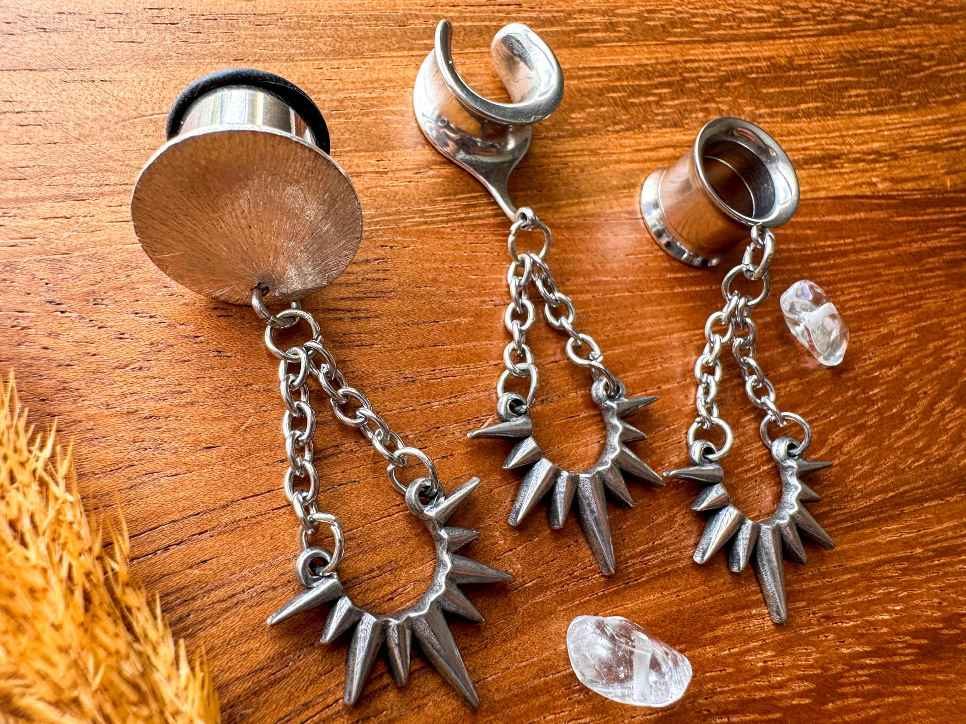 Silver Chain Spike Drops Plug Earrings