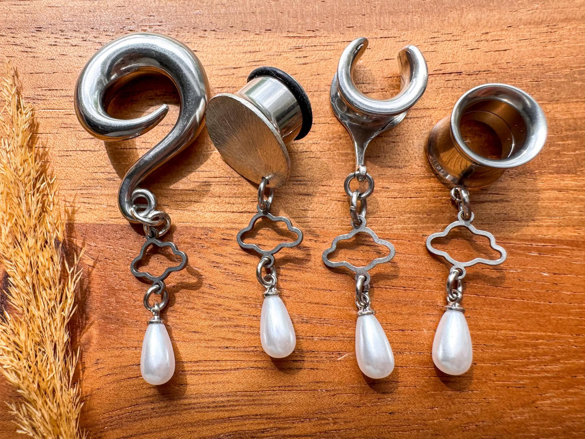 Silver Cloud Nine Pearls dangling plug earrings featuring delicate pearl accents and silver-tone details for stretched ears.