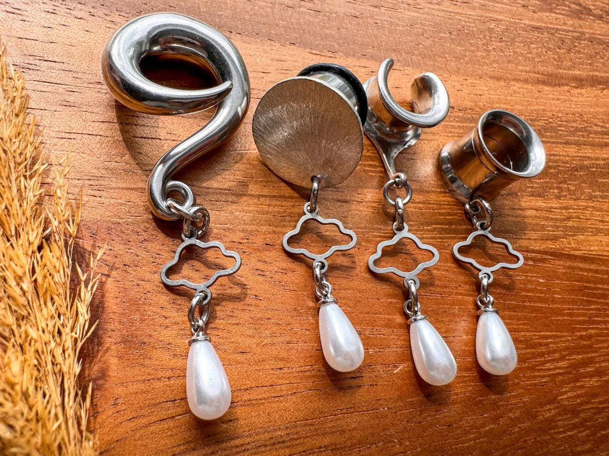 Silver Cloud Nine Pearls dangling plug earrings featuring delicate pearl accents and silver-tone details for stretched ears.