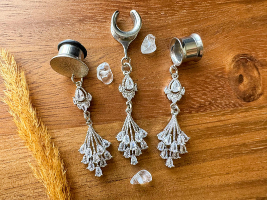 Silver Cz Embellished Dangles Plug Earrings