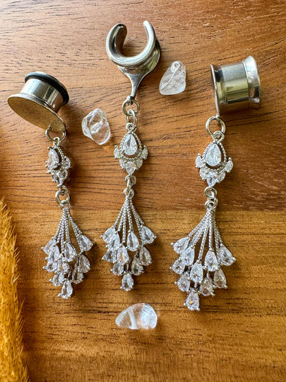 Silver Cz Embellished Dangles Plug Earrings