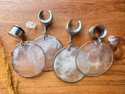 Silver Flat Pearl Dangles Plug Earrings