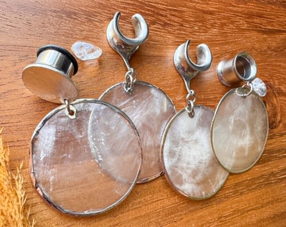 Silver Flat Pearl Dangles Plug Earrings