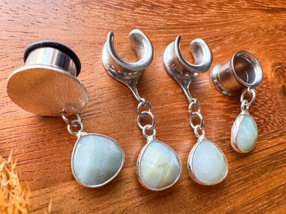 Silver Framed Amazonite Stones Plug Earrings