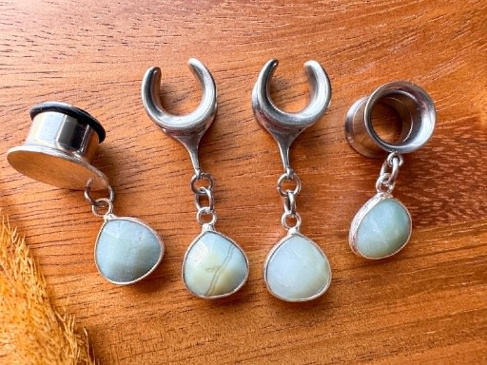 Silver Framed Amazonite Stones Plug Earrings