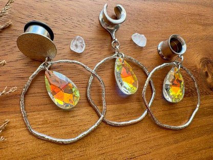 Silver Hammered Hoops With Tear Jewel Pendant