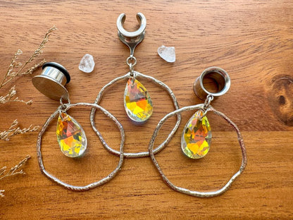 Silver Hammered Hoops With Tear Jewel Pendant