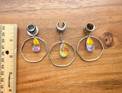 Silver Hammered Hoops With Tear Jewel Pendant