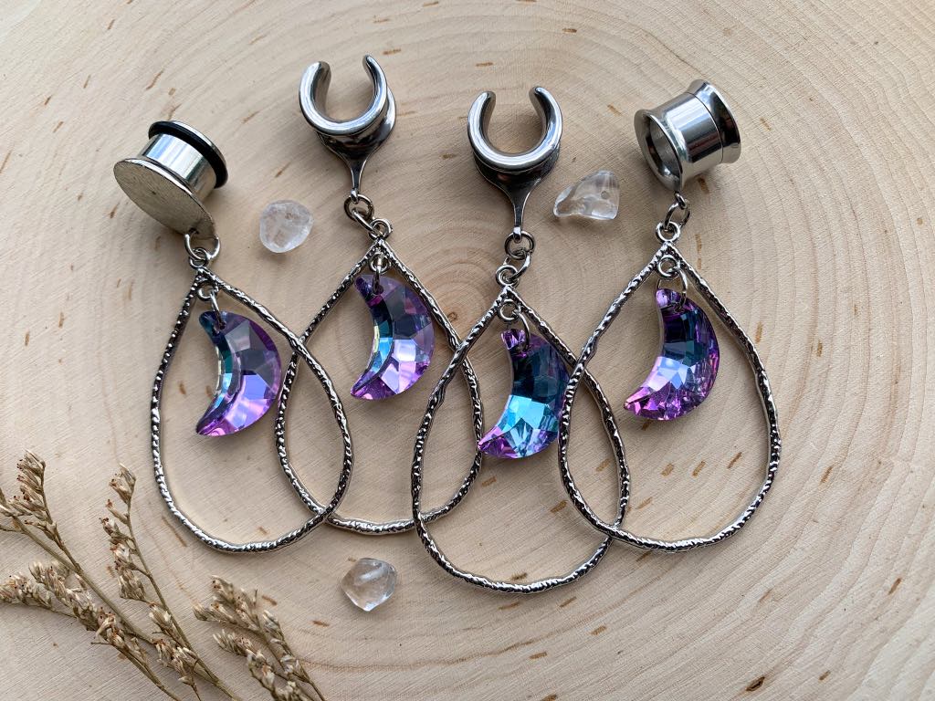 Silver Hammered Tear Hoop w/ Violet Crystal Moon Pendant