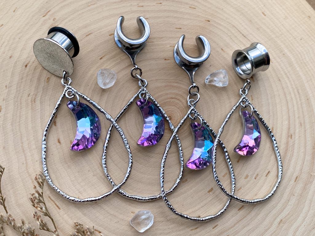 Silver Hammered Tear Hoop w/ Violet Crystal Moon Pendant