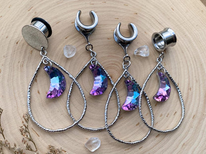 Silver Hammered Tear Hoop w/ Violet Crystal Moon Pendant