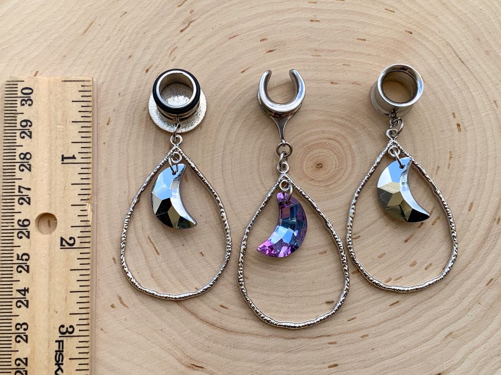 Silver Hammered Tear Hoop w/ Violet Crystal Moon Pendant
