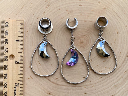 Silver Hammered Tear Hoop w/ Violet Crystal Moon Pendant