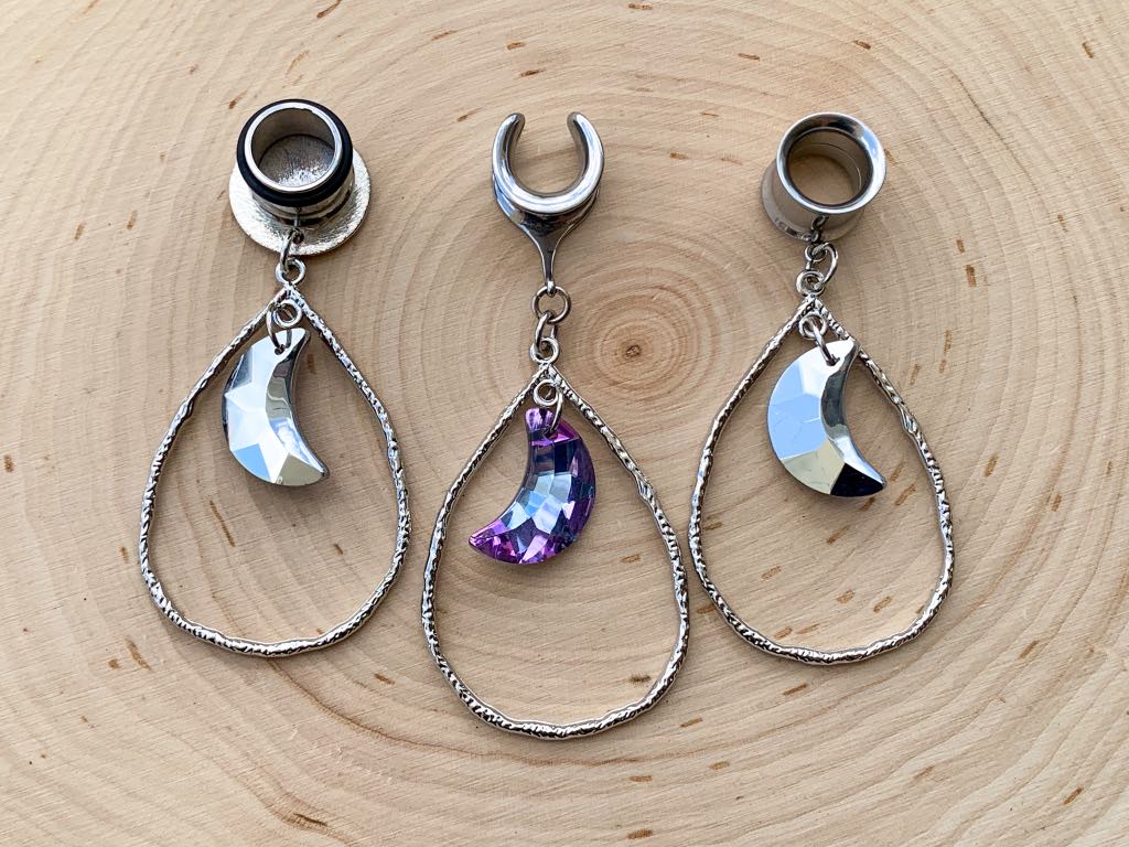 Silver Hammered Tear Hoop w/ Violet Crystal Moon Pendant