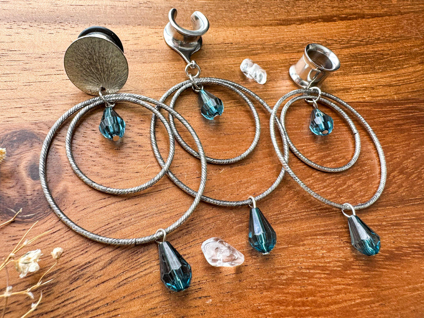 Silver Hoops w/ Blue Accents Plug Earrings