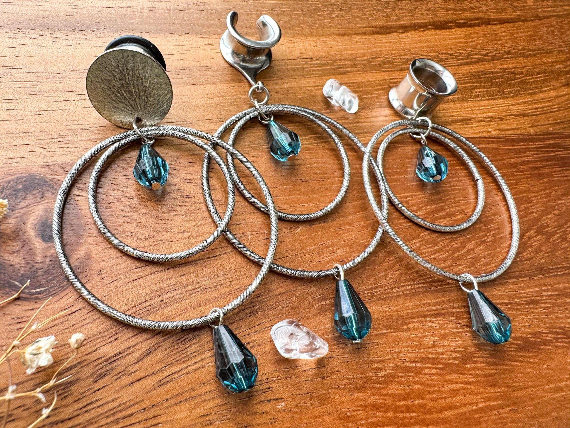 Silver Hoops w/ Blue Accents Plug Earrings