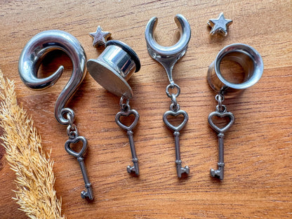 Silver Key to My Heart dangling plug earrings featuring romantic heart and key charms with vintage-inspired silver-tone details for stretched ears.