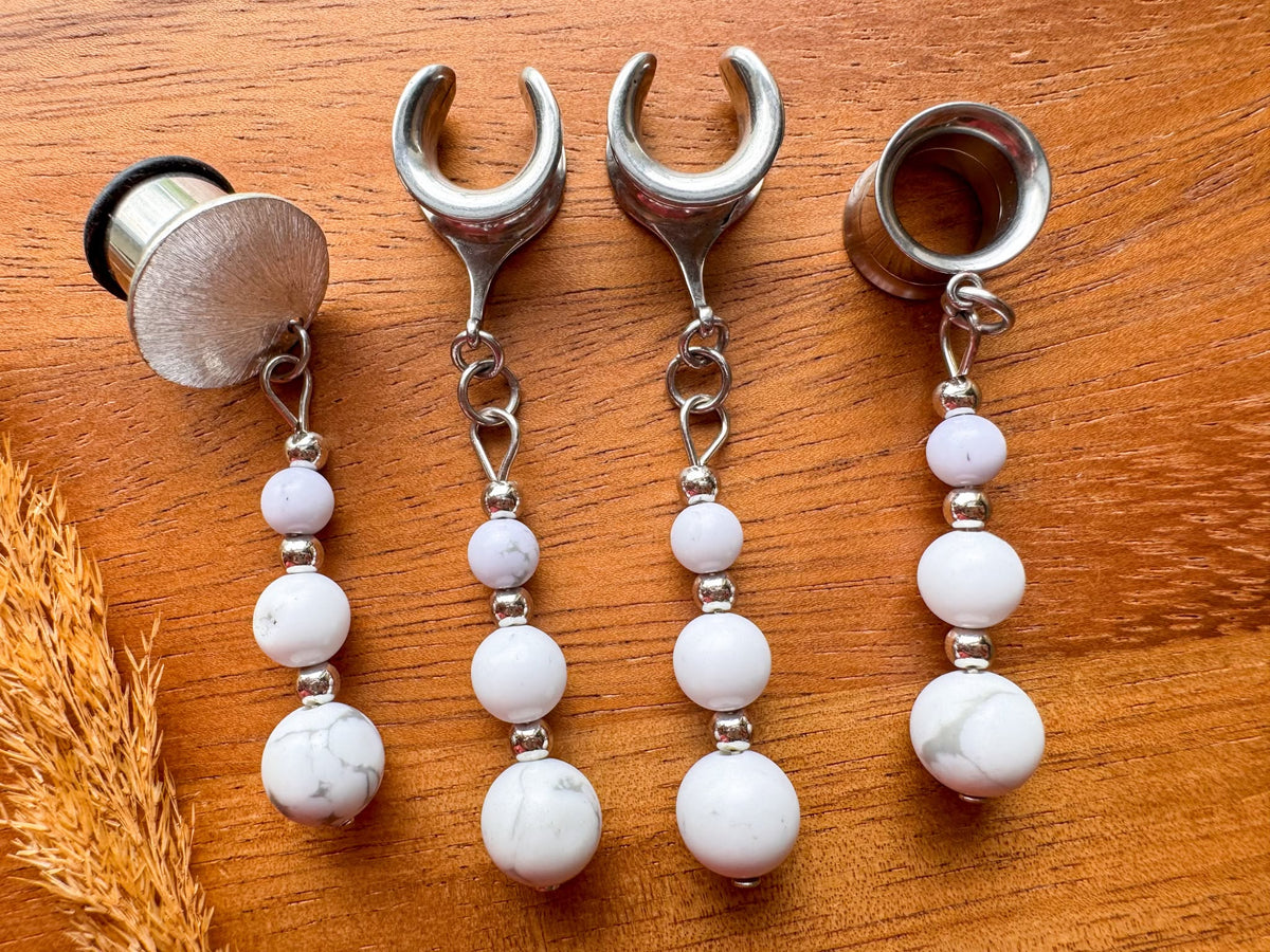 Silver marble plug earrings with dreamy marbled dangles for stretched ears.