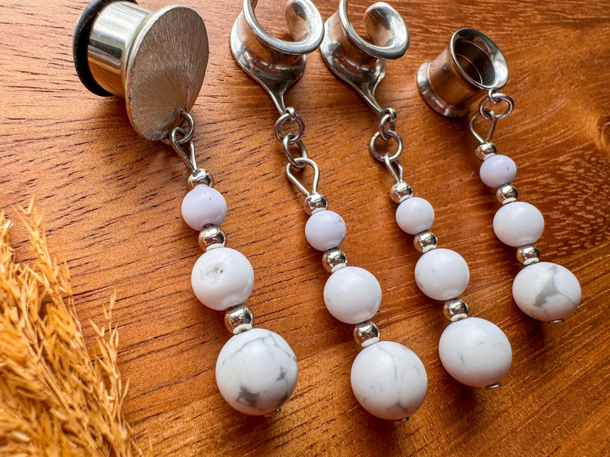 Silver marble plug earrings with dreamy marbled dangles for stretched ears.