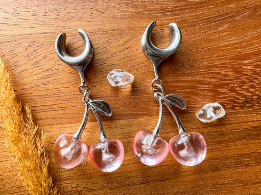 Silver & Pink Cherries Plug Earrings