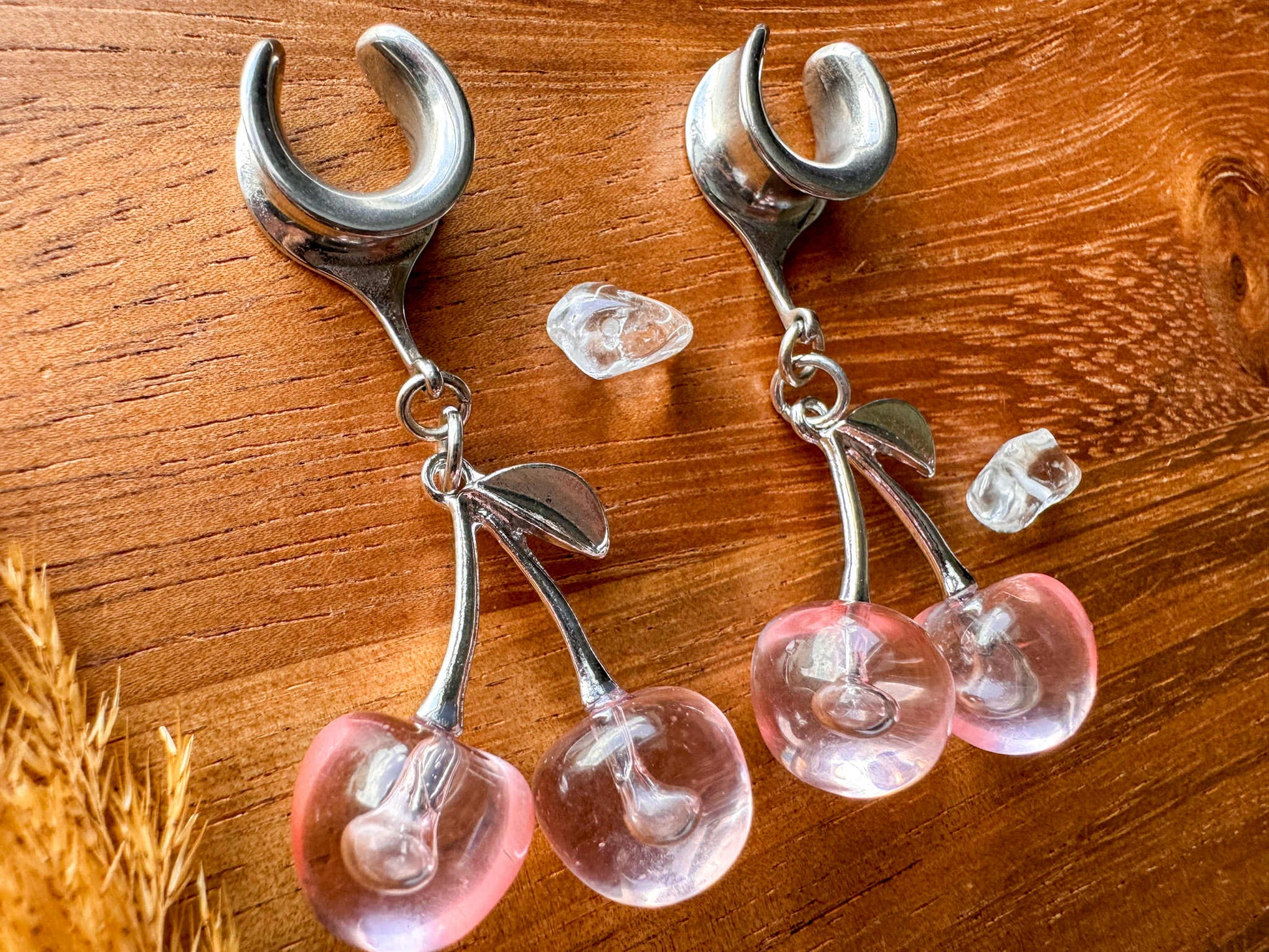 Silver & Pink Cherries Plug Earrings