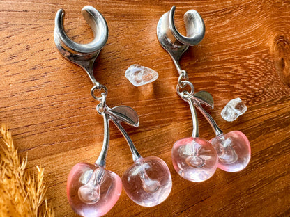 Silver & Pink Cherries Plug Earrings