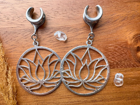 Silver Plated Lotus Hoops Plug Earrings