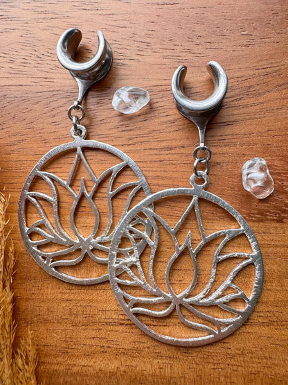 Silver Plated Lotus Hoops Plug Earrings