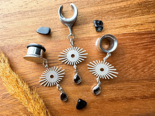 Silver Radiant Eyes and Gemstone Dangles Plug Earrings