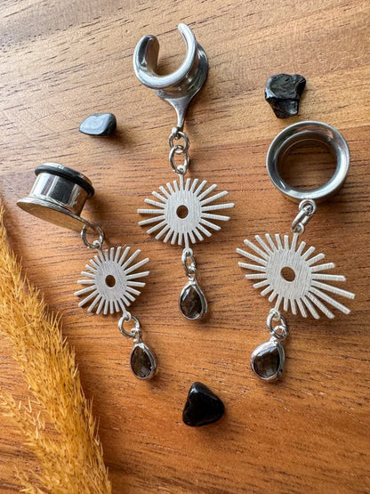 Silver Radiant Eyes and Gemstone Dangles Plug Earrings