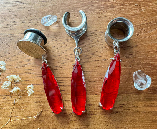 Silver & Red Elegant Tears Plug Earrings