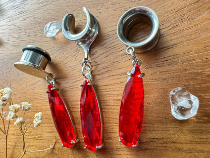 Silver & Red Elegant Tears Plug Earrings