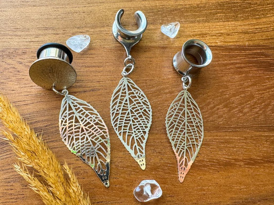 Silver Tone Leaves Plug Earrings
