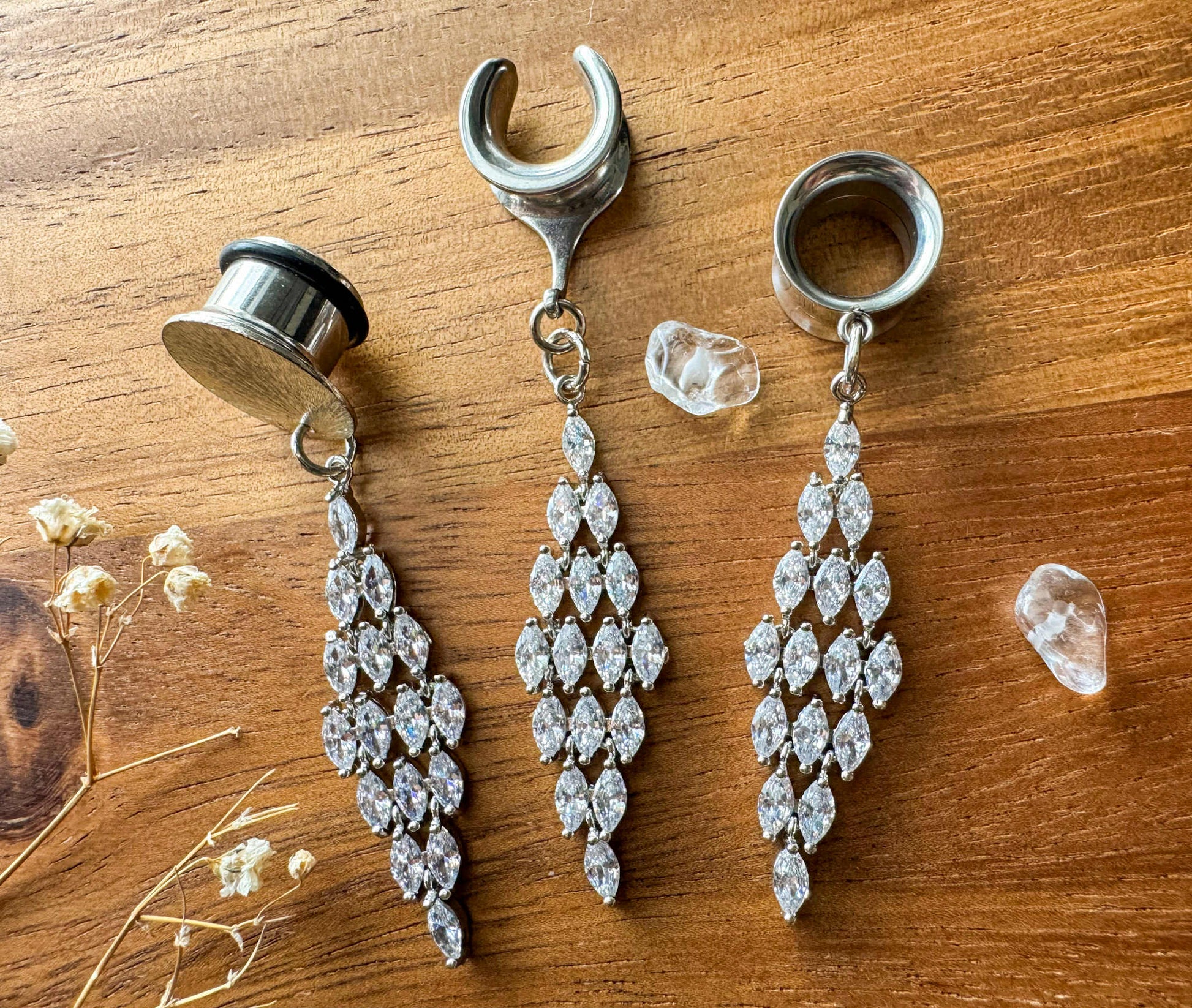 Silver Zircon Dreamy Tassels Plug Earrings