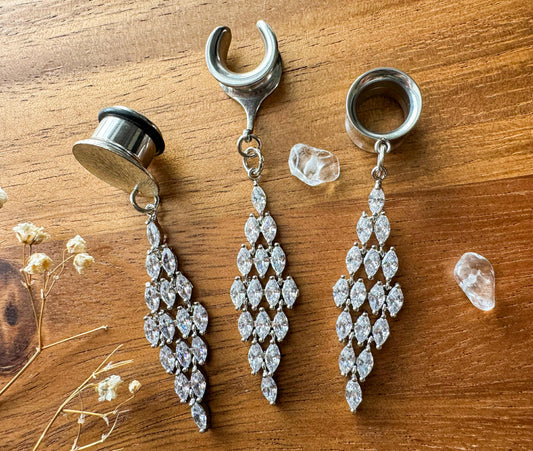 Silver Zircon Dreamy Tassels Plug Earrings