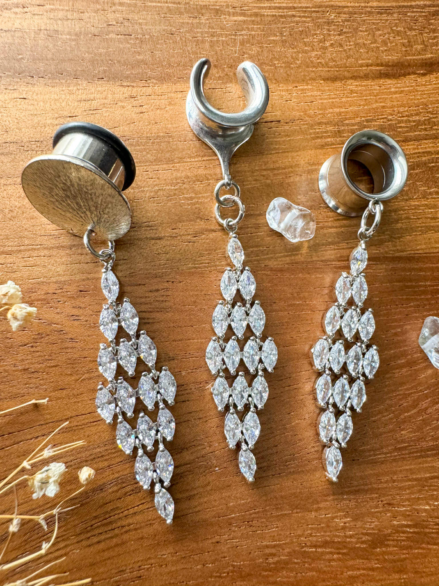 Silver Zircon Dreamy Tassels Plug Earrings