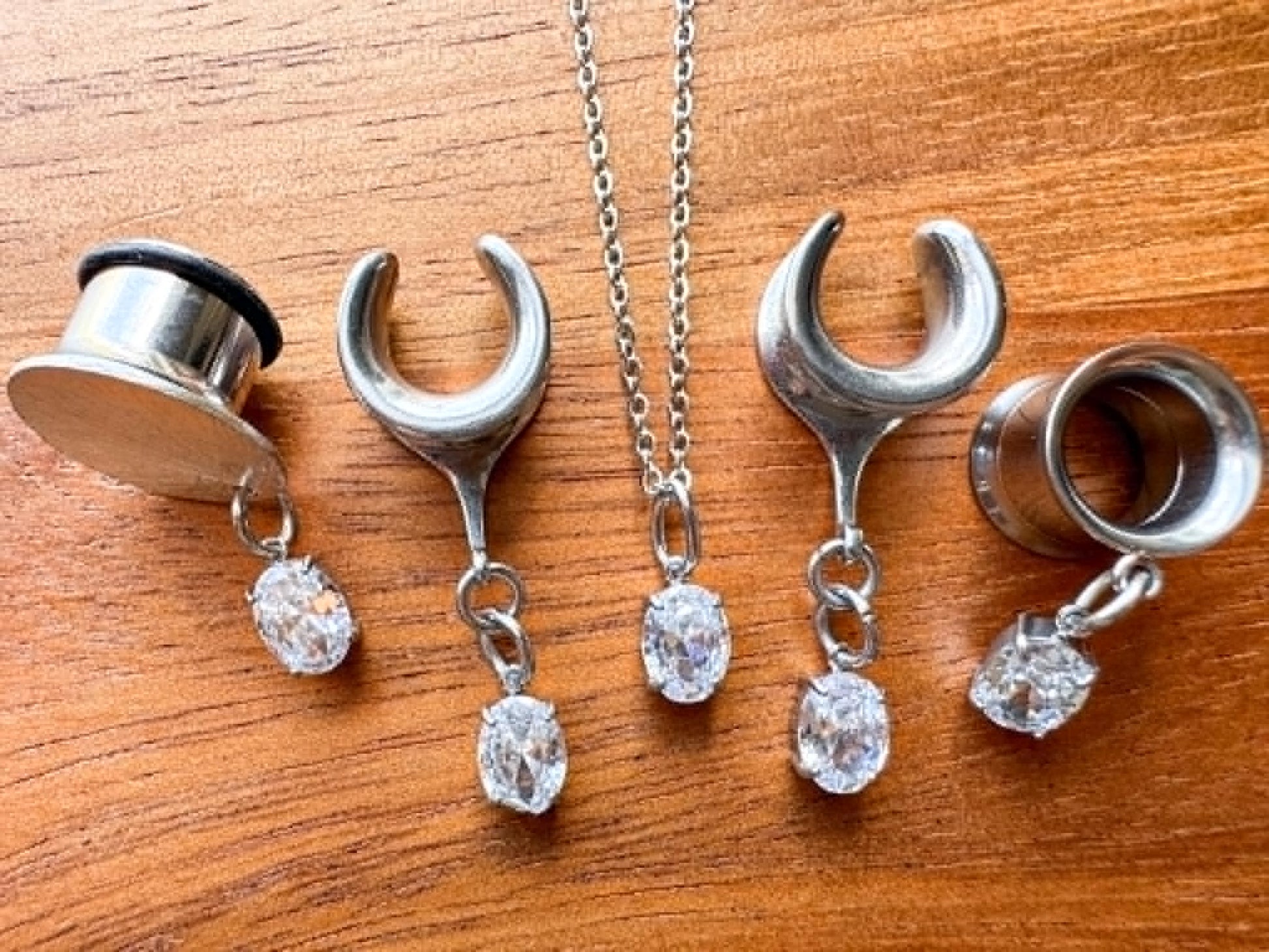 Silver Zircon Plugs With Matching Necklace