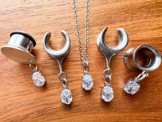 Silver Zircon Plugs With Matching Necklace