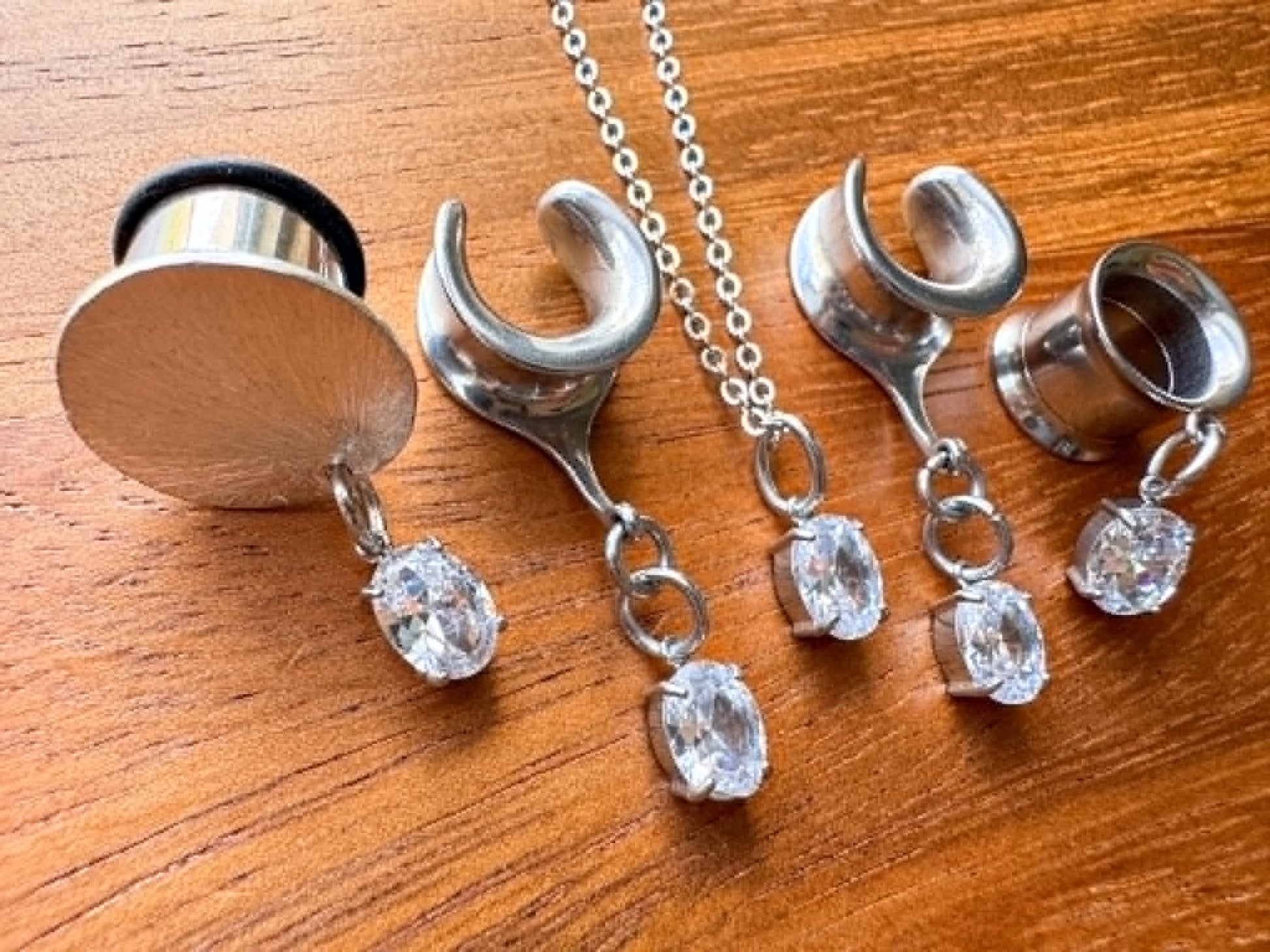 Silver Zircon Plugs With Matching Necklace